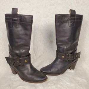 Frye Carmen Short Buckle Harness Black Leather Boots Size 7.5